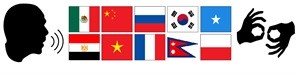 flags of multiple nations representing different languages and sign language symbols used for language accessibility.